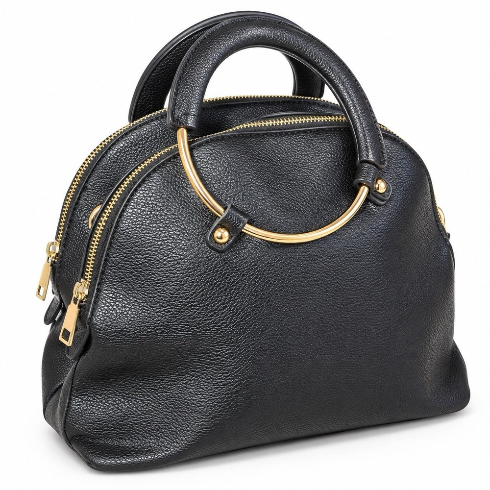 VIETA Black Pebbled Satchel Handbag Gold Tone Ring Handles Double Zip Purse